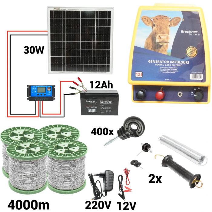 Kit pachet gard electric 12 Joule 12 220V panou baterie  sarma 150 kg 0.12 ohm 4000m 400 izolatori (BK87122-4000S13-30W-12Ah) [1]