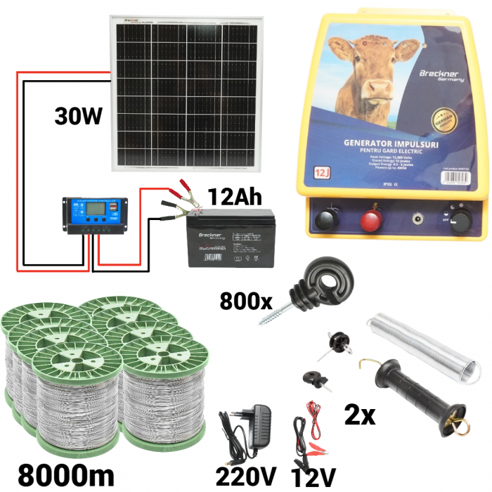 Kit pachet gard electric 12 Joule 12 220V panou baterie  sarma 150 kg 0.12 ohm 8000m 800 izolatori (BK87122-8000S13-30W-12Ah) [1]