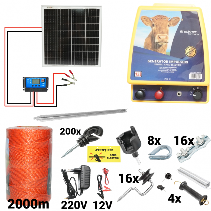 Kit pachet gard electric 12 Joule 12 220V panou solar 2000m 200 izolatori + accesorii (BK87122-2000-04-02-30w) [1]