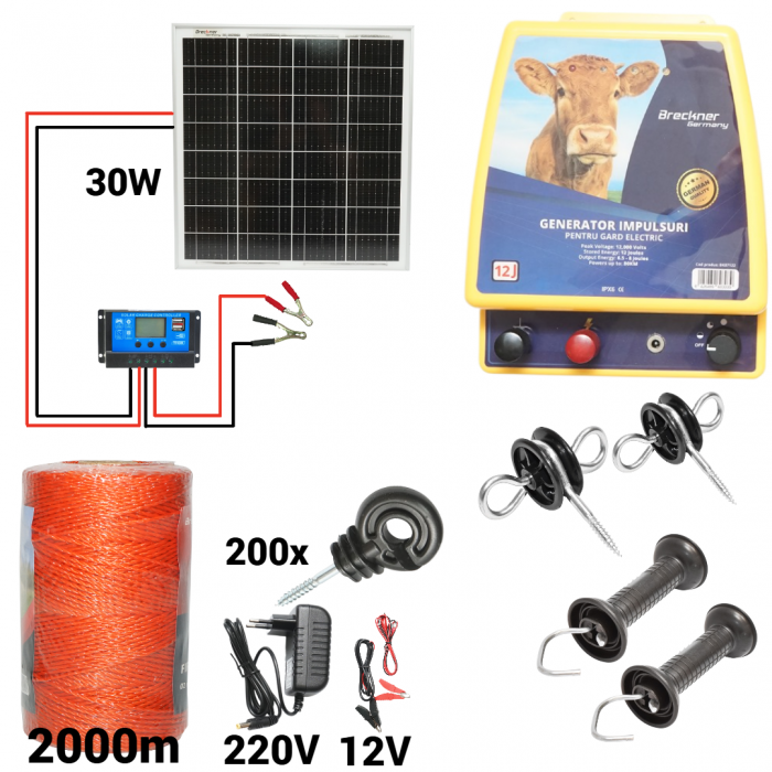 Kit pachet gard electric 12 Joule 12 220V panou solar 2000m 200 izolatori (BK87122-2000-02-30w) [1]