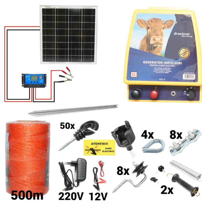 Kit pachet gard electric 12 Joule 12 220V panou solar 500m 500 izolatori + accesorii (BK87122-500-04-02) [1]