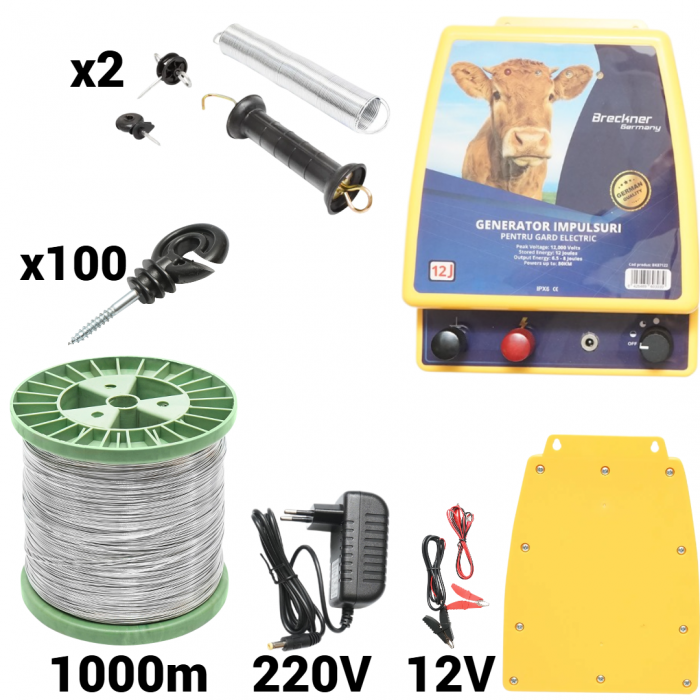 Kit pachet gard electric 12 Joule 12 220V sarma 150 kg 0.4 Ohm 1000m 100 izolatori (BK87122-1000S13-01) [1]