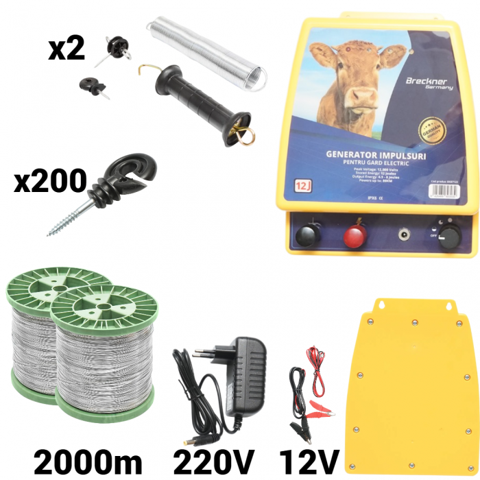 Kit pachet gard electric 12 Joule 12 220V sarma 150 kg 0.4 Ohm 2000m 200 izolatori (BK87122-2000S13-01) [1]