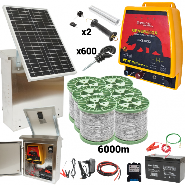 Kit pachet gard electric 12 Joule sarma 150 kg 0.12 ohm 12 220V 6000m cu kit fotovoltaic panou solar 30W baterie 12V 12Ah cutie din inox (BK87633-6000S(-30W-12Ah)) [1]