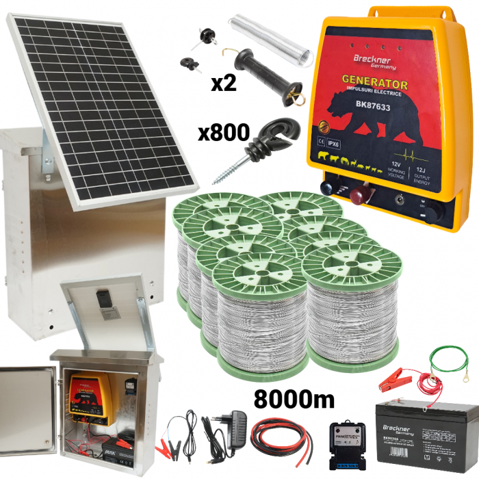 Kit pachet gard electric 12 Joule sarma 150 kg 0.12 ohm 12 220V 8000m cu kit fotovoltaic panou solar 30W baterie 12V 12Ah cutie din inox (BK87633-8000S(-30W-12Ah)) [1]