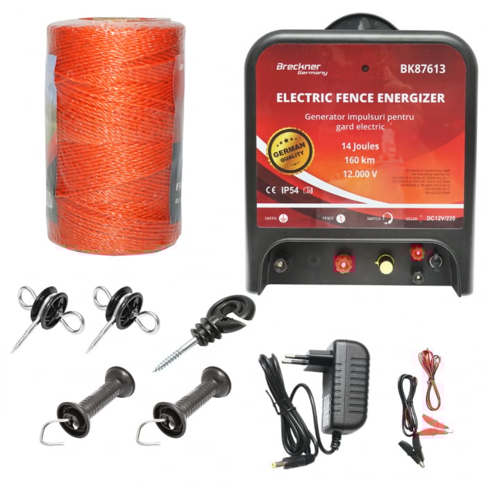Kit pachet gard electric 14 Joule 12 220V fir 1000m 100 izolatori (BK87613-1000-01) [1]