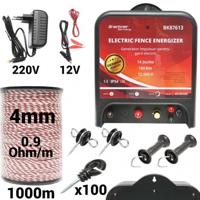 Kit pachet gard electric 14 Joule 12 220V fir 1000m 100 izolatori (BK87613-1000-4mm) [1]