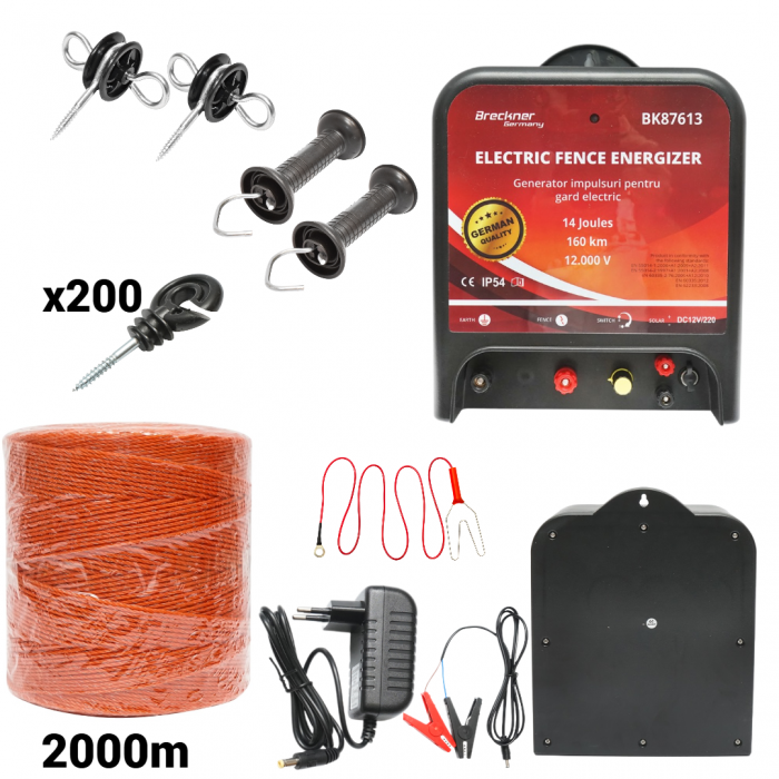 Kit pachet gard electric 14 Joule 12 220V fir 2000m 200 izolatori (BK87613-2000-01) [1]