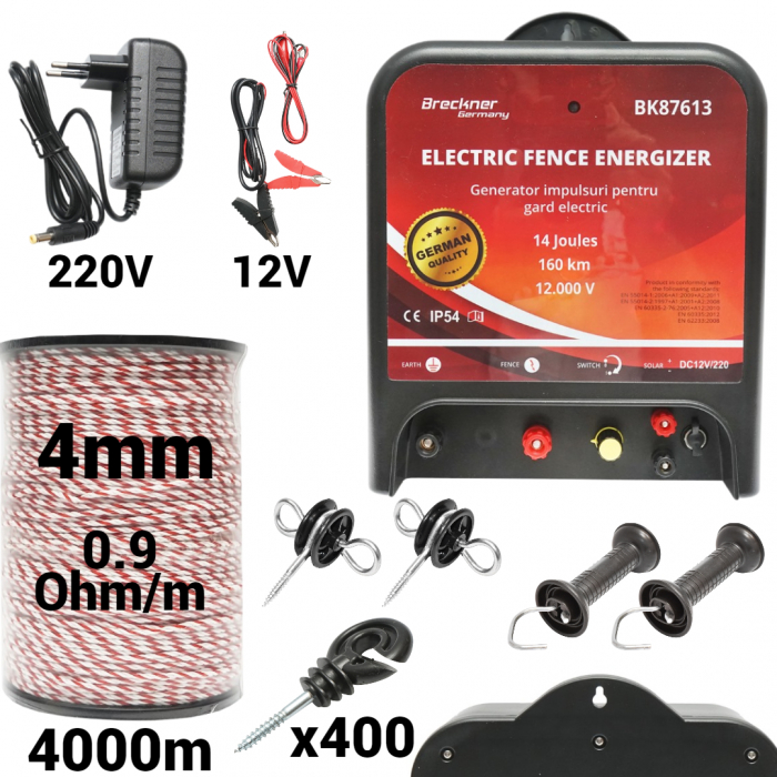 Kit pachet gard electric 14 Joule 12 220V fir 4000m 400 izolatori (BK87613-4000-4mm) [1]