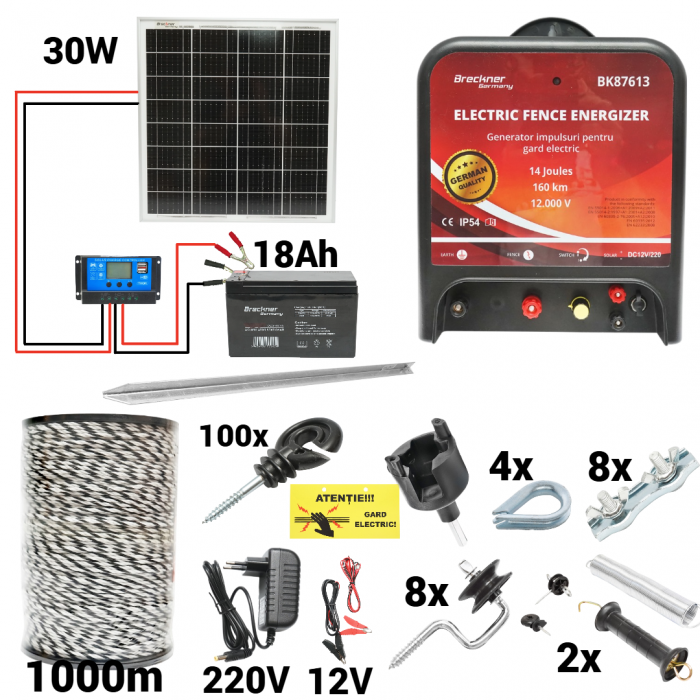 Kit pachet gard electric 14 Joule 12 220V panou 30W baterie 18ah 1000m 4mm + accesorii (BK87613-1000(4mm)-04-30W-18ah) [1]