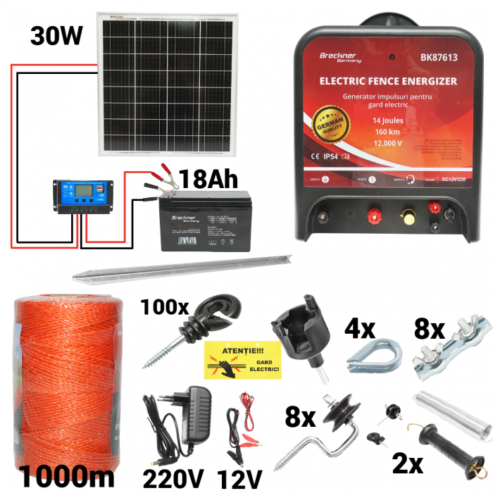 Kit pachet gard electric 14 Joule 12 220V panou 30W baterie 18ah 1000m + accesorii (BK87613-1000-04-30W-18ah) [1]