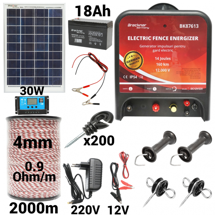 Kit pachet gard electric 14 Joule 12 220V panou 30W baterie 18ah 2000m (BK87613-2000-4mm-30W-18ah) [1]