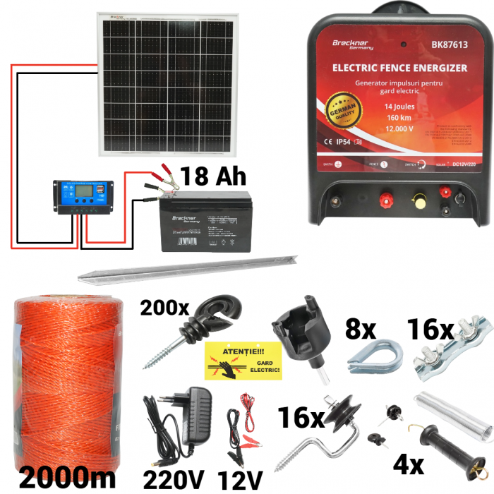 Kit pachet gard electric 14 Joule 12 220V panou baterie 18ah 2000m + accesorii (BK87613-2000-04-30w-18ah) [1]