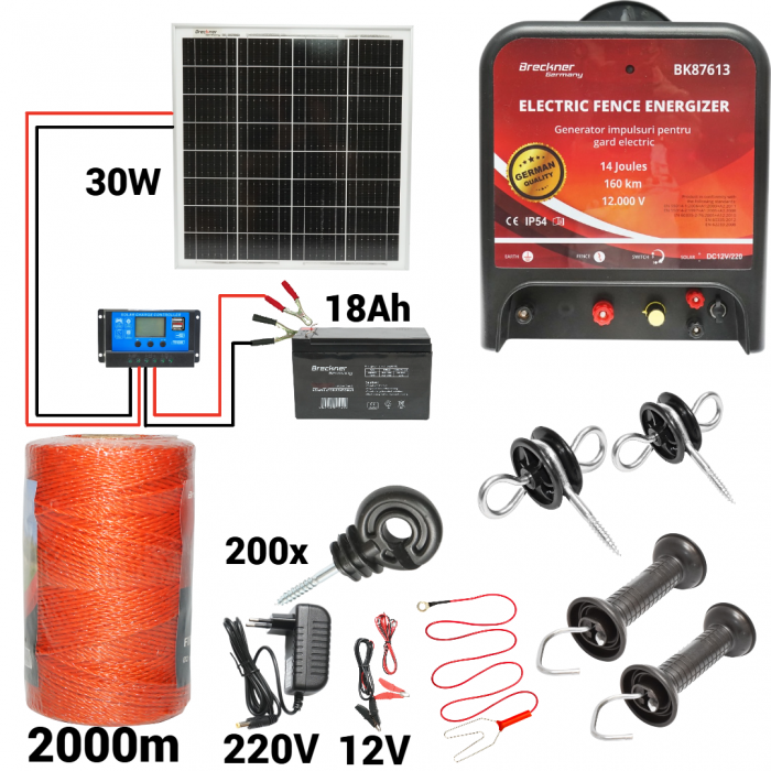 Kit pachet gard electric 14 Joule 12 220V panou baterie 18ah 2000m (BK87613-2000-30w-18ah) [1]