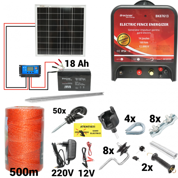 Kit pachet gard electric 14 Joule 12 220V panou baterie 18ah 500m + accesorii (BK87613-500-04-30w-18ah) [1]