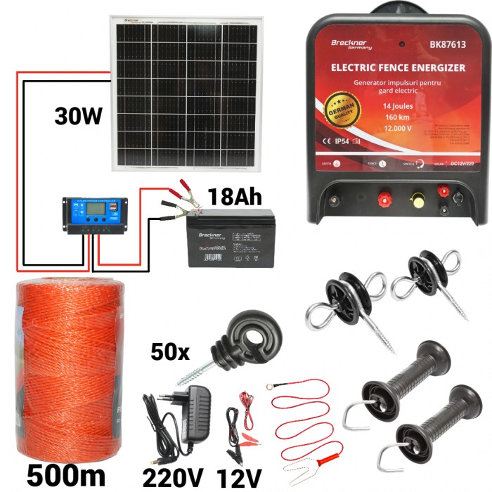 Kit pachet gard electric 14 Joule 12 220V panou baterie 18ah 500m (BK87613-500-30w-18ah) [1]