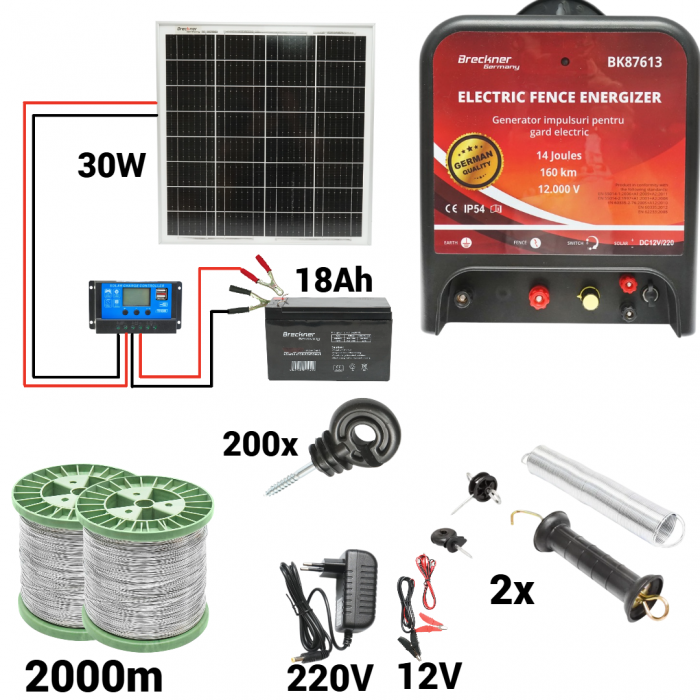 Kit pachet gard electric 14 Joule 12 220V panou baterie sarma 150 kg 0.12 ohm 2000m 200 izolatori (BK87613-2000S13-30W-18Ah) [1]