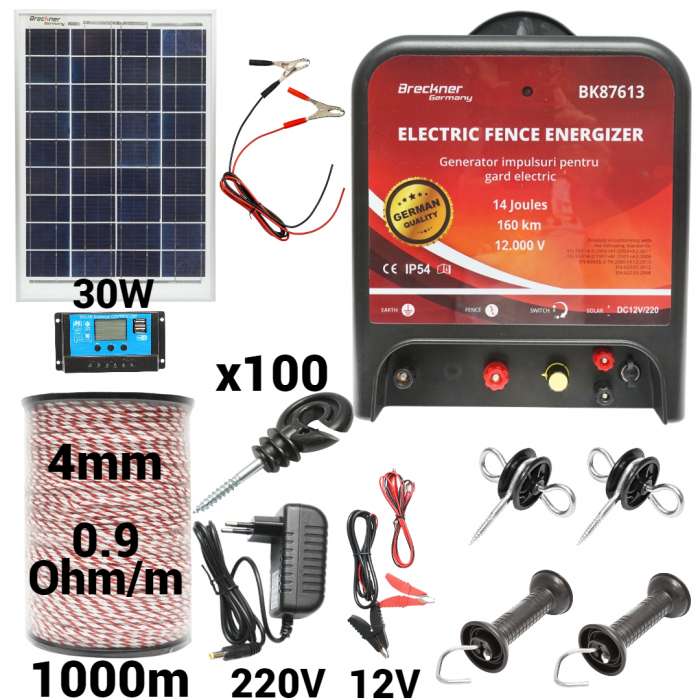 Kit pachet gard electric 14 Joule 12 220V panou solar 30W 1000m 100 izolatori (BK87613-1000-4mm-30W) [1]