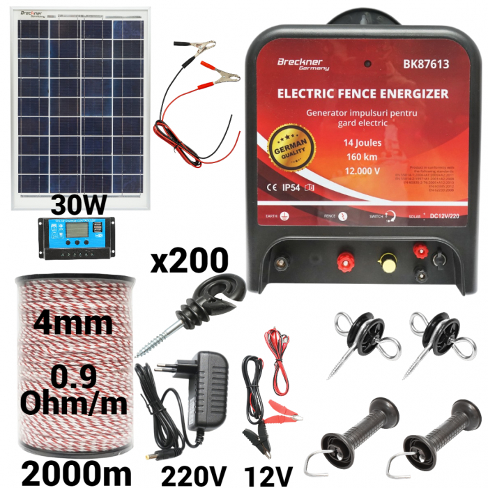 Kit pachet gard electric 14 Joule 12 220V panou solar 30W 2000m 200 izolatori (BK87613-2000-4mm-30W) [1]