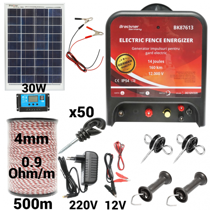 Kit pachet gard electric 14 Joule 12 220V panou solar 30W 500m 50 izolatori (BK87613-500-4mm-30W) [1]
