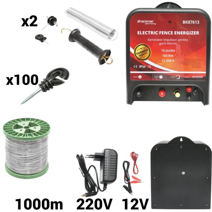 Kit pachet gard electric 14 Joule 12 220V sarma 150 kg 0.4 Ohm 1000m 100 izolatori (BK87613-1000S13-01) [1]