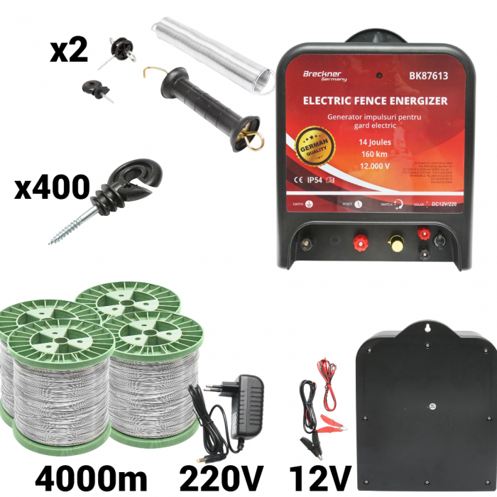 Kit pachet gard electric 14 Joule 12 220V sarma 150 kg 0.4 Ohm 4000m 400 izolatori (BK87613-4000S13-01) [1]