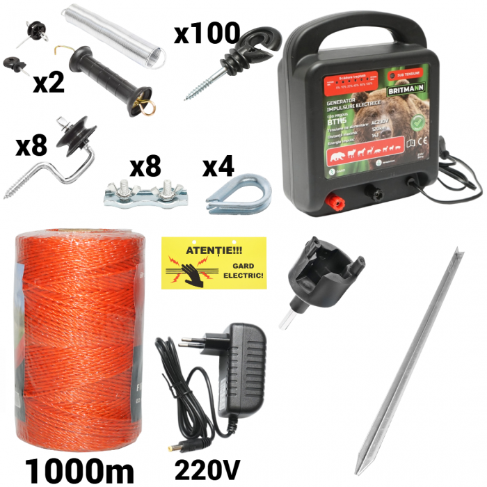 Kit pachet gard electric 14 Joule 220V fir 1000m 100 izolatori + accesorii (BT115-1000-04-01) [1]