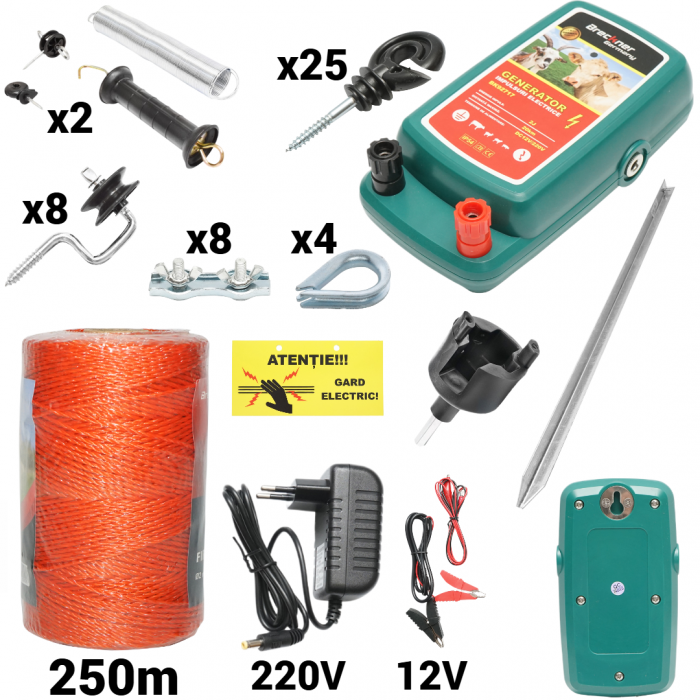 Kit pachet gard electric 2 Joule 12 220V fir 250m 25 izolatori + accesorii (BK92717-250-04-01) [1]