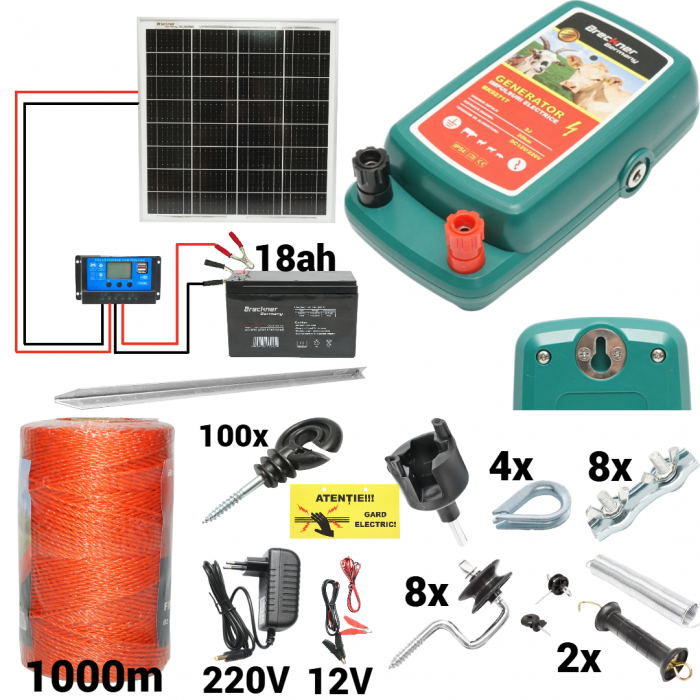 Kit pachet gard electric 2 Joule 12 220V panou solar baterie 18ah 1000m + accesorii  (BK92717-1000-04-18ah) [1]