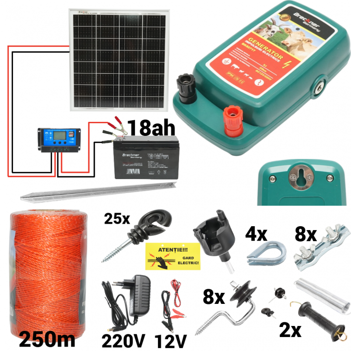 Kit pachet gard electric 2 Joule 12 220V panou solar baterie 18ah 250m + accesorii (BK92717-250-04-18ah) [1]