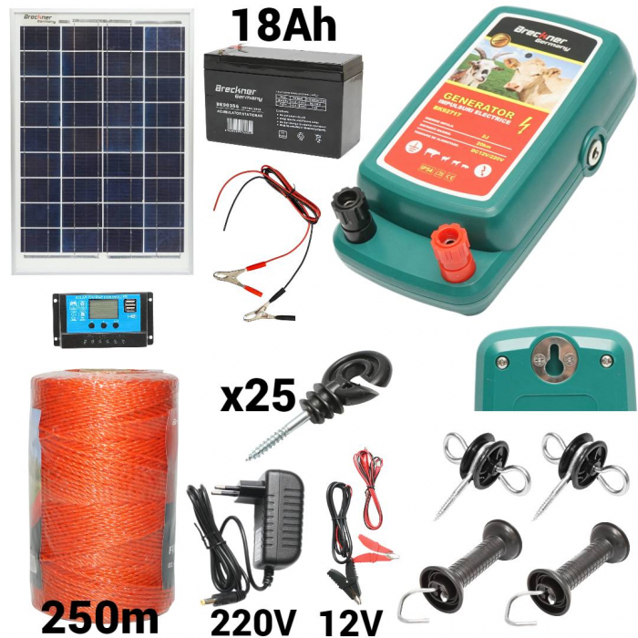 Kit pachet gard electric 2 Joule 12 220V panou solar baterie 18ah 250m (BK92717-250-03-18ah) [1]