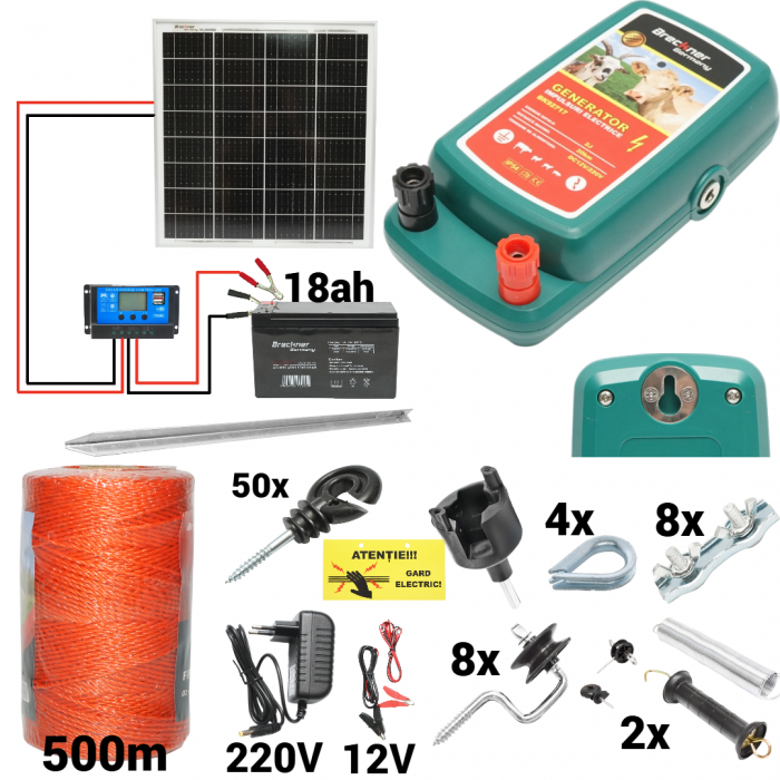 Kit pachet gard electric 2 Joule 12 220V panou solar baterie 18ah 500m + accesorii (BK92717-500-04-18ah) [1]