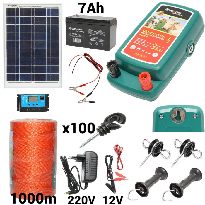 Kit pachet gard electric 2 Joule 12 220V panou solar baterie 7ah 1000m (BK92717-1000-03-7ah) [1]