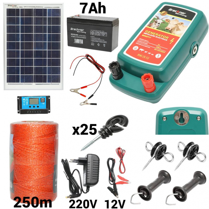 Kit pachet gard electric 2 Joule 12 220V panou solar baterie 7ah 250m (BK92717-250-03-7ah) [1]