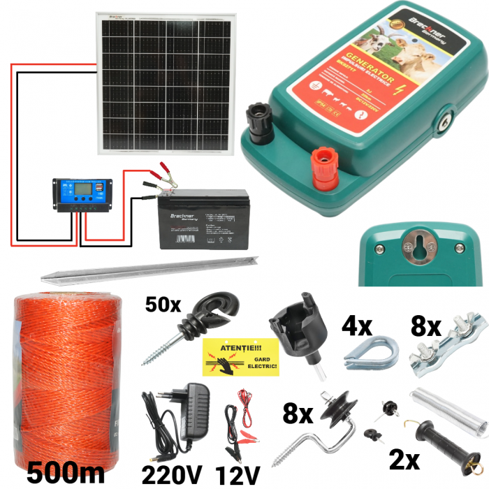 Kit pachet gard electric 2 Joule 12 220V panou solar baterie 7ah 500m + accesorii (BK92717-500-04-7ah) [1]