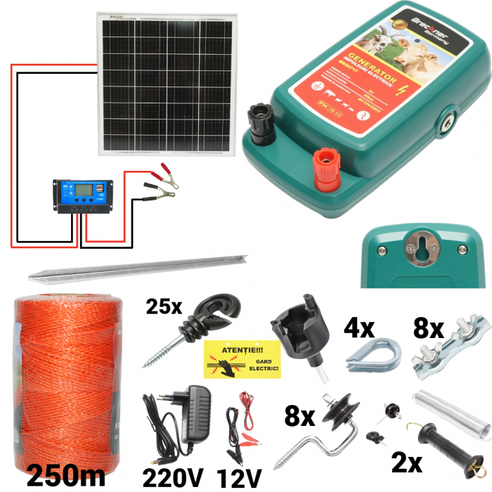 Kit pachet gard electric 2 Joule 12 220V panou solar fir 250m 25 izolatori + accesorii (BK92717-250-04-02) [1]