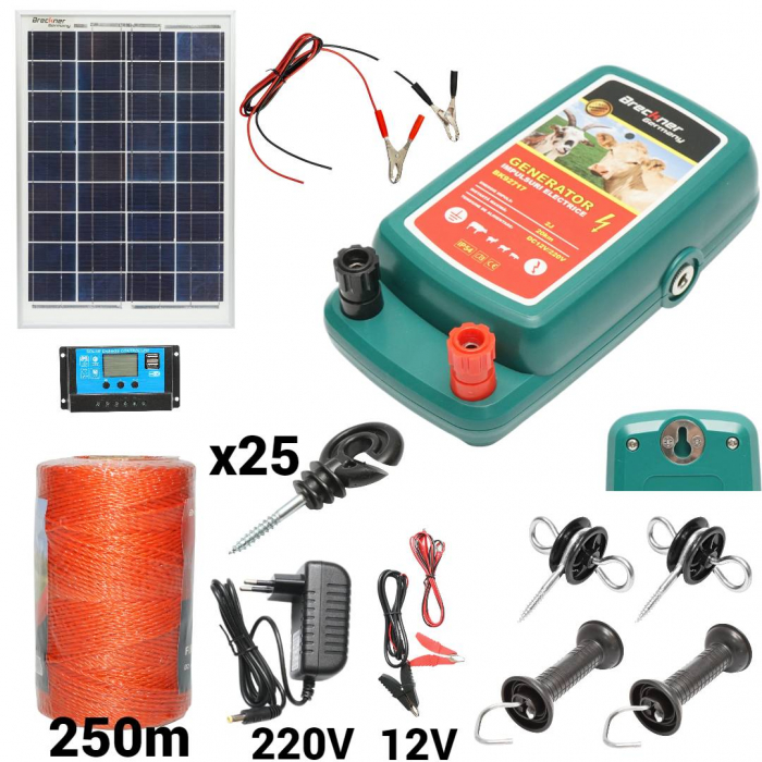Kit pachet gard electric 2 Joule 12 220V panou solar fir 250m 25 izolatori (BK92717-250-02) [1]