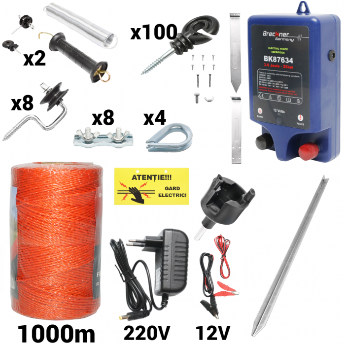 Kit pachet gard electric 3 Joule 12 220V fir 1000m 100 izolatori + accesorii (BK87634-1000-04-01) [1]