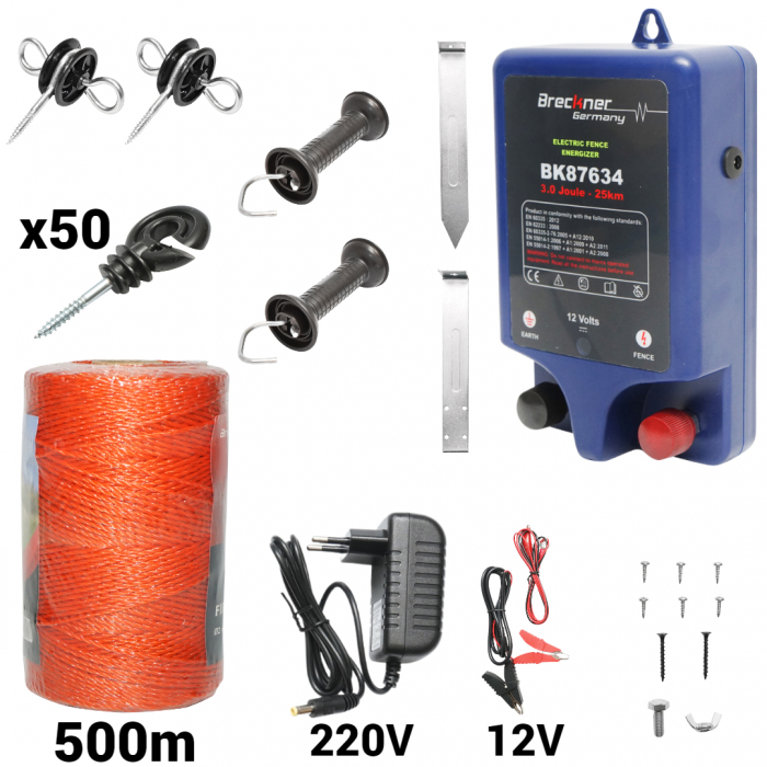 Kit pachet gard electric 3 Joule 12 220V fir 500m 50 izolatori (BK87634-500-01) [1]
