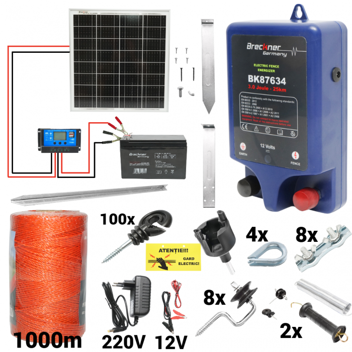 Kit pachet gard electric 3 Joule 12 220V panou solar baterie 7ah 1000m + accesorii (BK87634-1000-04-7ah) [1]