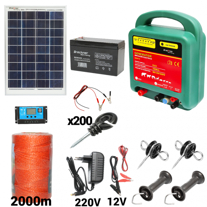 Kit pachet gard electric 6.5 Joule 12 220V panou baterie 7ah fir 2000m (BK92718-2000-03-7Ah) [1]