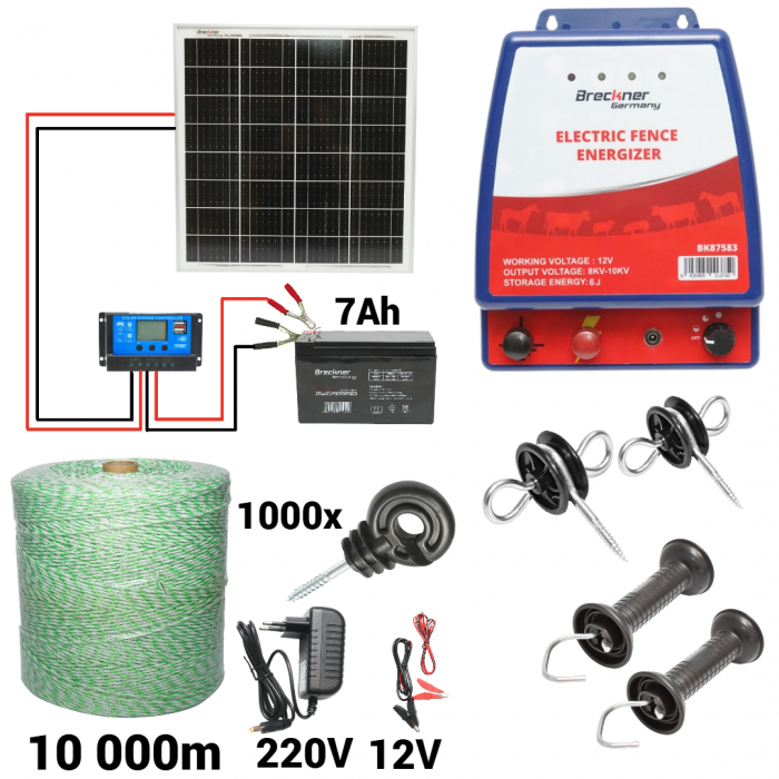 Kit pachet gard electric 6 Joule 12 220V cu kit fotovoltaic panou baterie 7ah fir 10000m (BK87583-0.4Oh10000-03-7Ah) [1]
