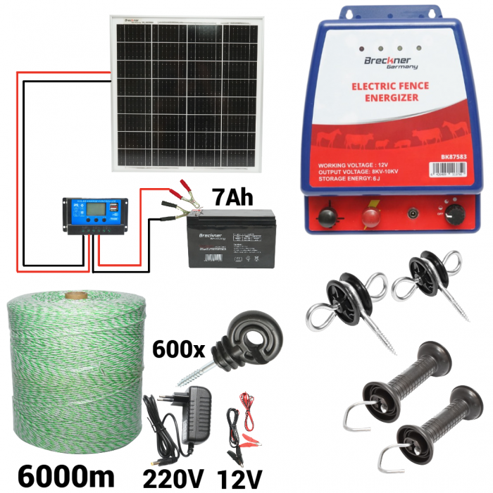 Kit pachet gard electric 6 Joule 12 220V cu kit fotovoltaic panou baterie 7ah fir 6000m (BK87583-0.4Oh6000-03-7Ah) [1]