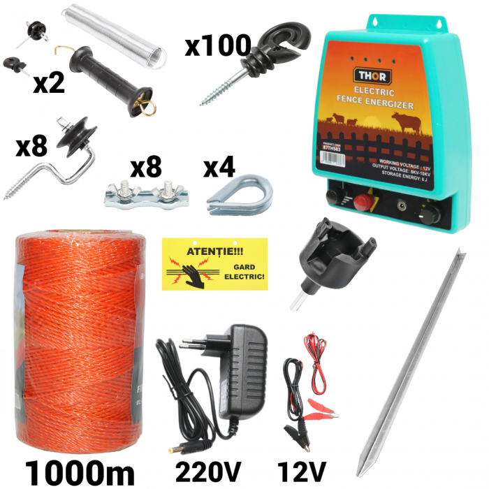 Kit pachet gard electric 6 Joule 12 220V fir 1000m 100 izolatori + accesorii (87TH583-1000-04-01) [1]