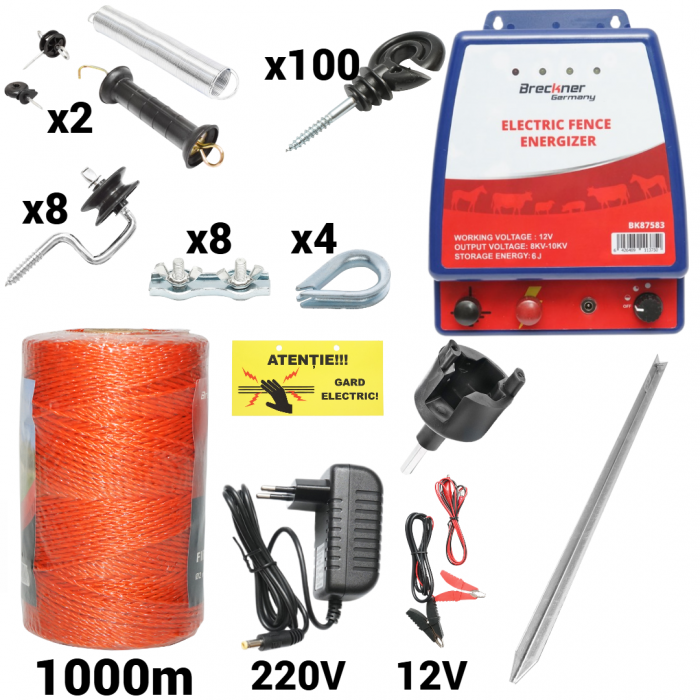 Kit pachet gard electric 6 Joule 12 220V fir 1000m 100 izolatori + accesorii (BK87583-1000-04-01) [1]