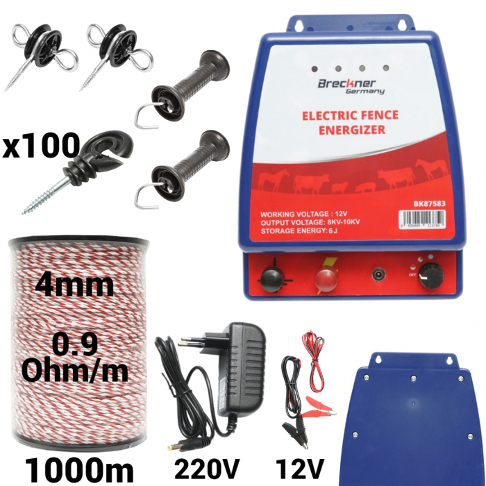 Kit pachet gard electric 6 Joule 12 220V fir 1000m 100 izolatori (BK87583-1000-4mm) [1]