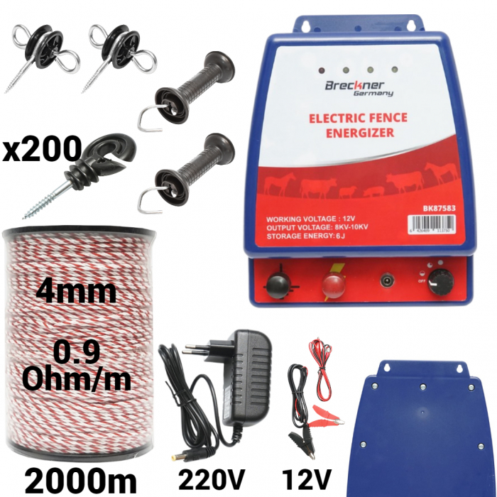 Kit pachet gard electric 6 Joule 12 220V fir 2000m 200 izolatori (BK87583-2000-4mm) [1]