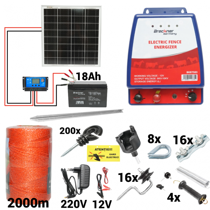 Kit pachet gard electric 6 Joule 12 220V panou baterie 18ah 2000m + accesorii (BK87583-2000-04-18ah) [1]