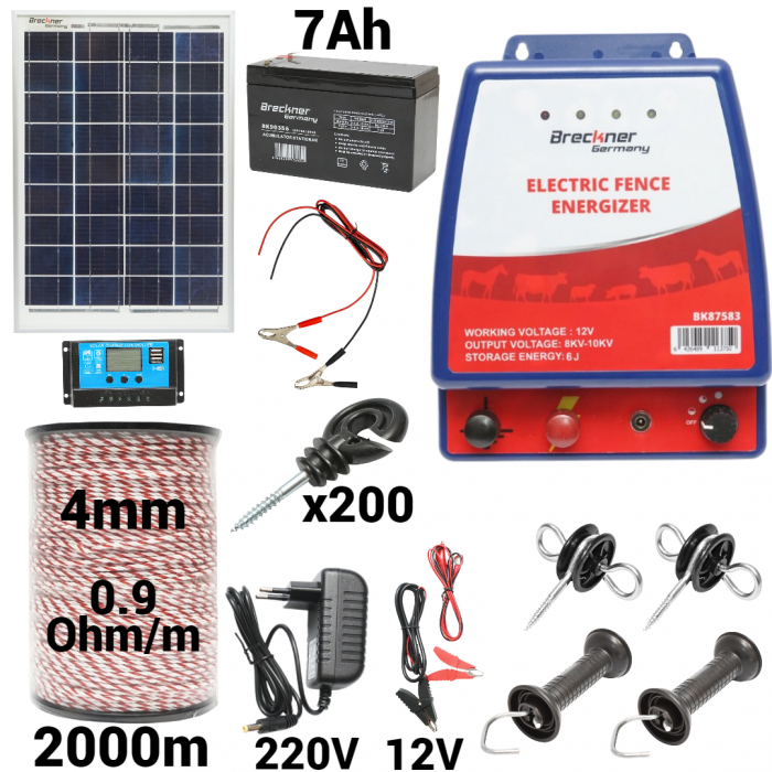 Kit pachet gard electric 6 Joule 12 220V panou baterie 7ah 2000m (BK87583-2000-4mm-10W-7ah) [1]