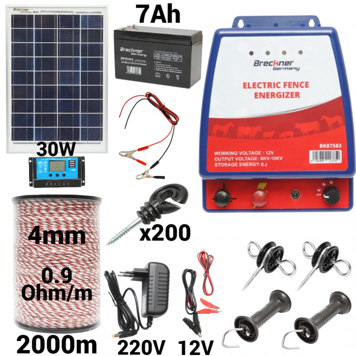 Kit pachet gard electric 6 Joule 12 220V panou baterie 7ah 2000m (BK87583-2000-4mm-30W-7ah) [1]